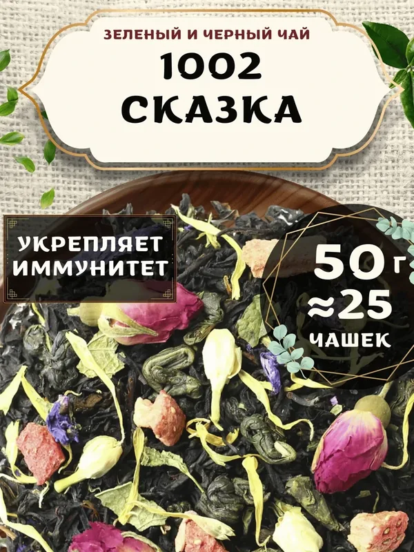 Черный и Зеленый чай с жасмином 1002 сказка от Пекинский чай 50 г. Чай Индийский Крупнолистовой с клубникой — 75 баллов за отзыв Яндекс Маркет