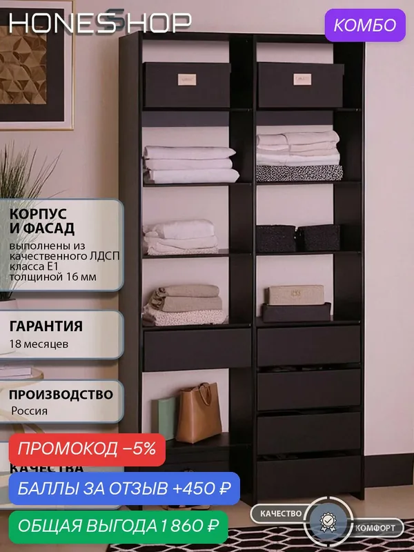 Honesshop Гардеробная Страйп 2.2 ЛДСП черный шагрень, 90х60х210 — промокод и 450 баллов за отзыв Яндекс Маркет