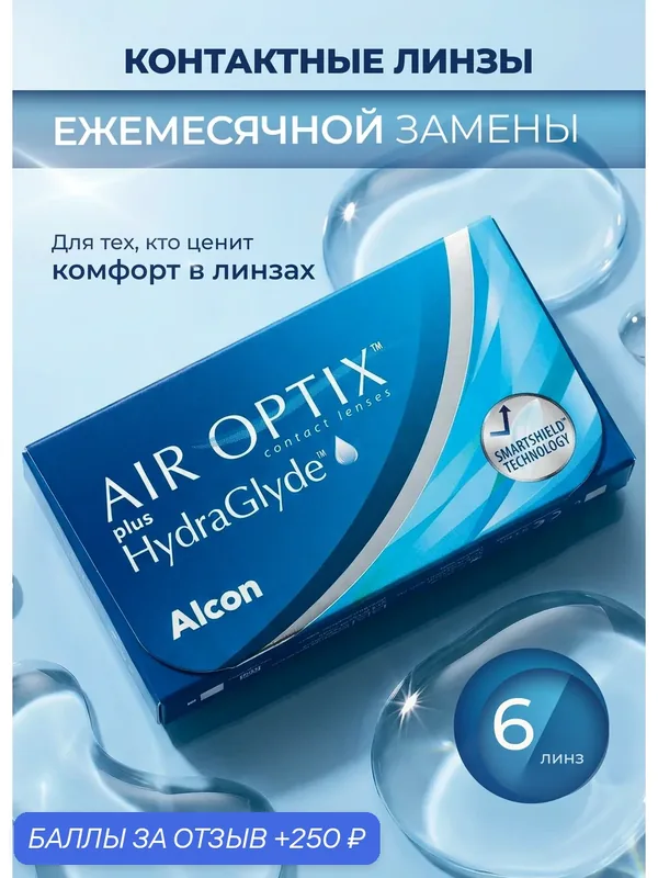 Контактные линзы AIR OPTIX AQUA HYDRAGLYDE 6 линз R 8, 6 — 1, 25 — Alcon, 250 баллов за отзыв Яндекс Маркет