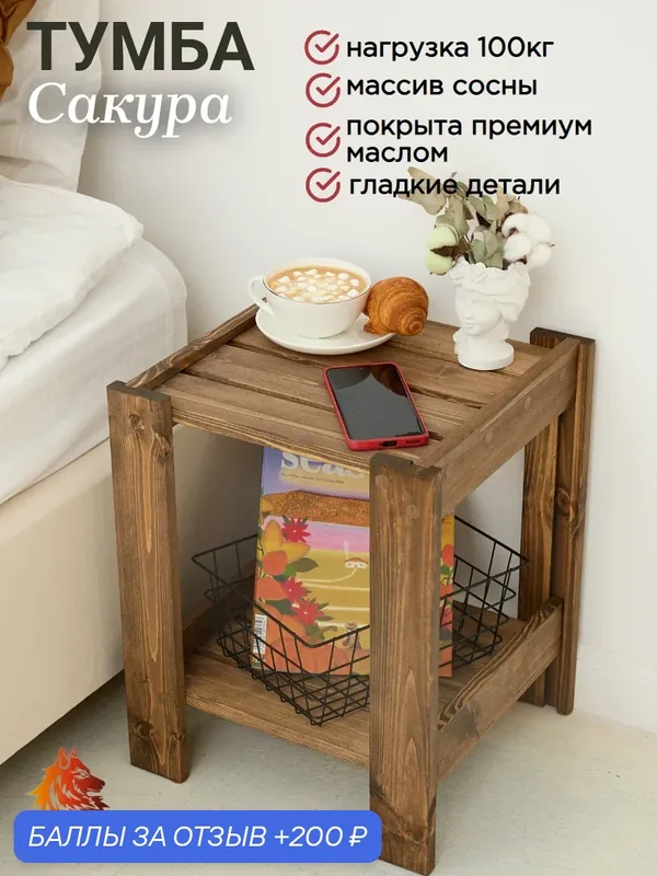 Тумба прикроватная Bergwolf, премиум, массив, 45см х 37см х 34см, 2 полки, до 100 кг, отшлифована, покрыта маслом, венге — Bergwolf, 200 баллов за отзыв Яндекс Маркет
