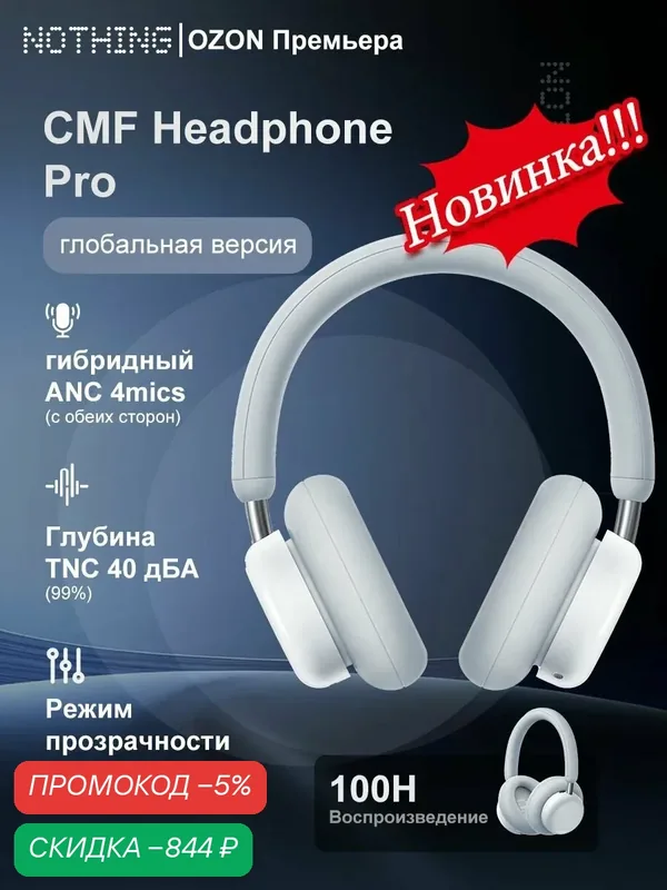 Nothing Наушники беспроводные с микрофоном CMF Headphone Pro, Bluetooth, 3.5 мм, светло-серый — NOTHING, скидка по промокоду Яндекс Маркет