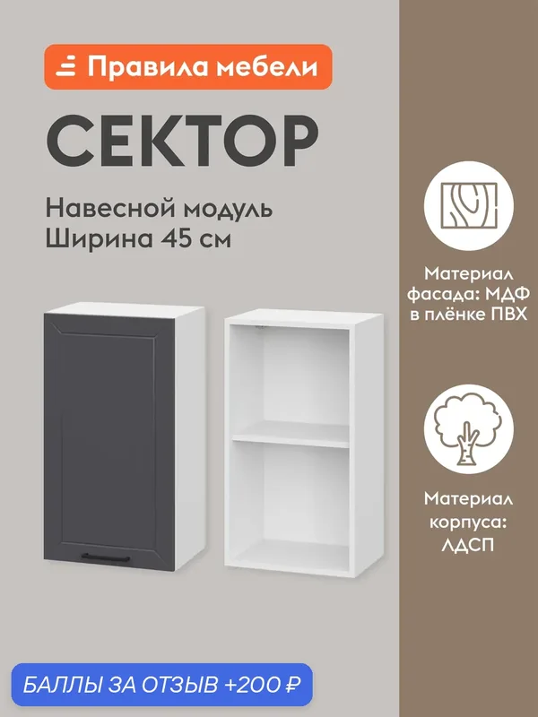 Кухонный модуль навесной, шкаф Сектор с доводчиками, с полками, 45х29.6х72 см, Белый / Графит — Правила мебели, 200 баллов за отзыв Яндекс Маркет
