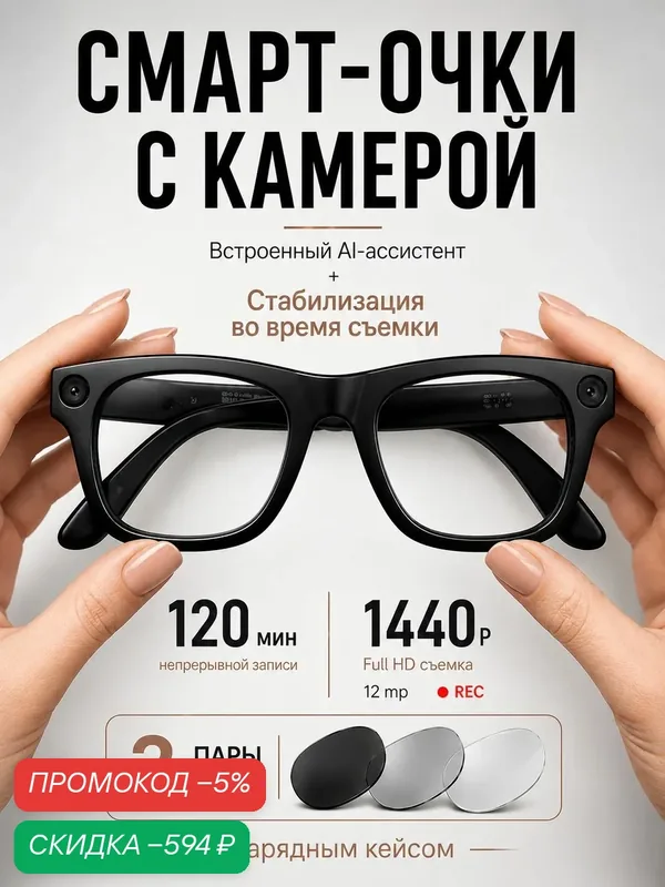 Умные смарт очки с камерой и микрофоном — скидка по промокоду Яндекс Маркет