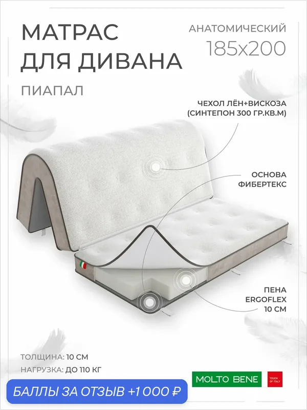 Матрас для дивана аккордеон 185х135х10, 185х65х10 см.(185х200х10), анатомический Пиапал, беспружинный — LUXURY mattresses, 1 000 баллов за отзыв Яндекс Маркет