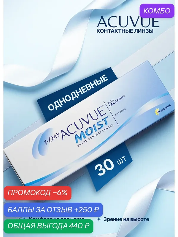 Контактные линзы Acuvue 1-day Moist, однодневные — 5.75, радиус кривизны 8.5, 30шт. — ACUVUE, промокод и 250 баллов за отзыв Яндекс Маркет