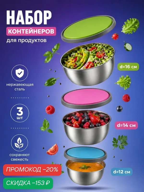 Набор салатников из нержавеющей стали с крышками «Яркая сталь» — SKYPHOS, скидка по промокоду Яндекс Маркет