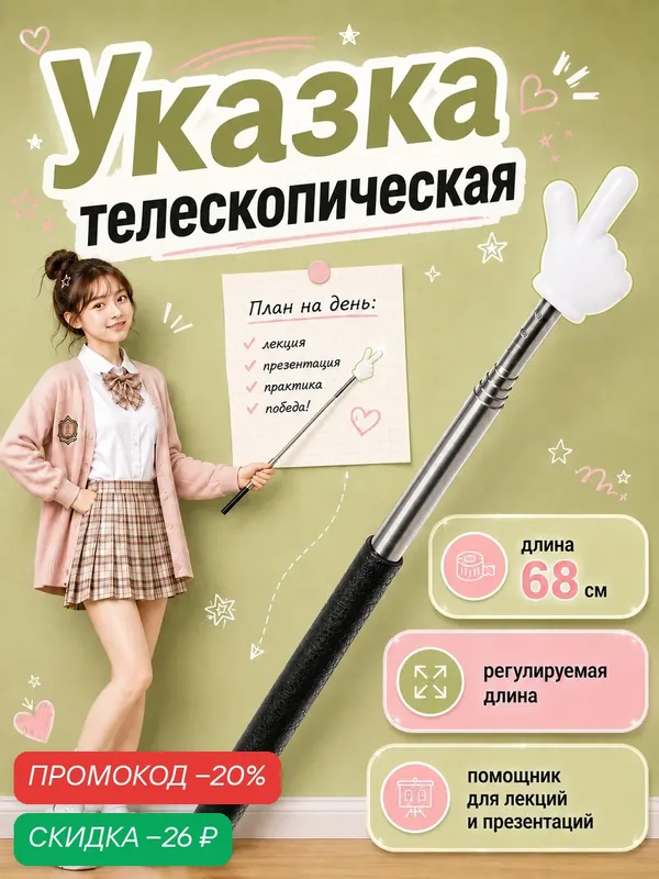 Указка телескопическая, длина до 68 см, складная, черная, легкая — Calligrata, скидка по промокоду Яндекс Маркет