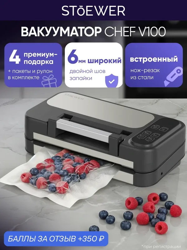 Вакуумный упаковщик Stoewer Chef V100, 16 л/мин, для сухих и влажных продуктов — STOEWER, скидка по промокоду Яндекс Маркет