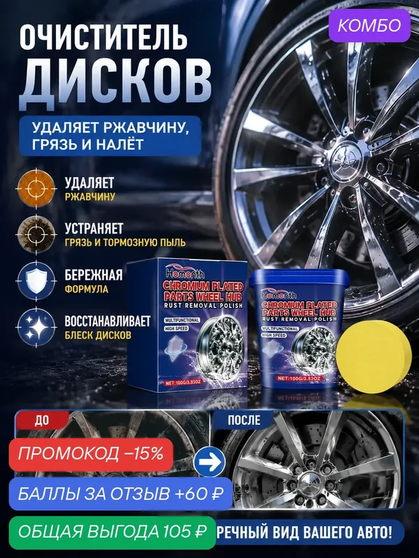 Средство для очистки дисков авто удаление ржавчины грязи и восстановление блеска колес — Homonth, промокод и 60 баллов за отзыв Яндекс Маркет