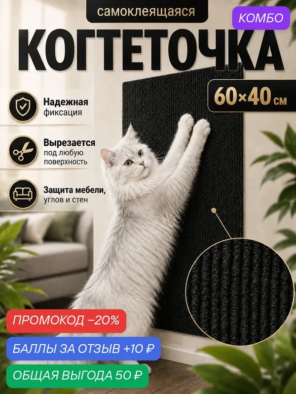 Когтеточка для кошки самоклеющаяся защитная пленка для стен, мебели черная — 10 баллов за отзыв Яндекс Маркет