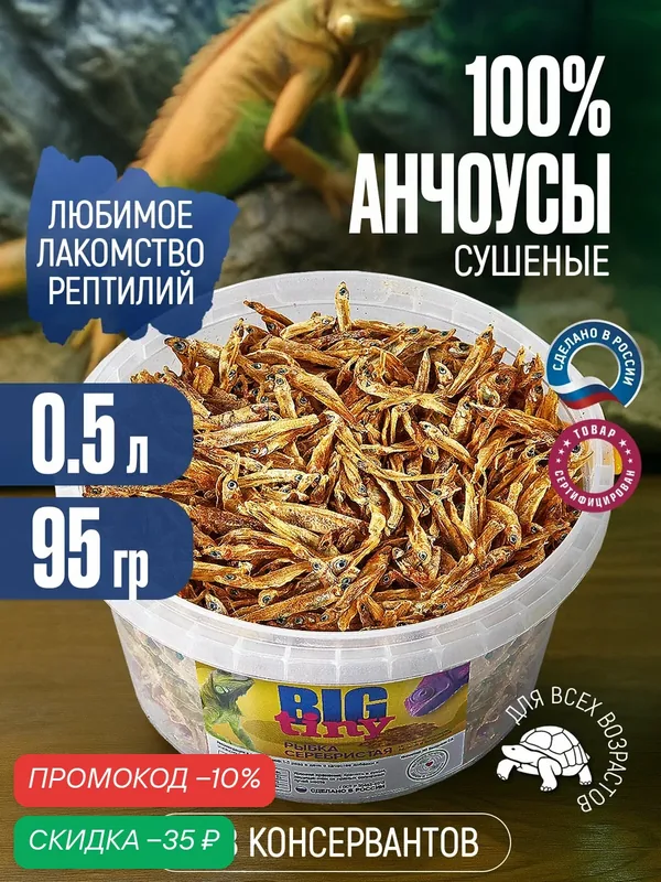 Лакомство Big Tiny, для рептилий, для водных и сухопутных черепах, анчоусы сушеные, 95 гр. — BIG tiny, скидка по промокоду Яндекс Маркет
