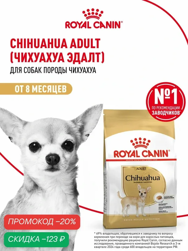 Сухой корм для собак Royal Canin Adult для породы чихуахуа, 500 г — Royal Canin, скидка по промокоду Яндекс Маркет
