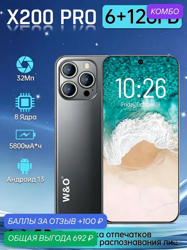 Смартфон W&O 6+128GB Android 13, 6.8" 144Hz, 5800mAh, 8-ядерный Snapdragon — W & O, промокод и 100 баллов за отзыв Яндекс Маркет