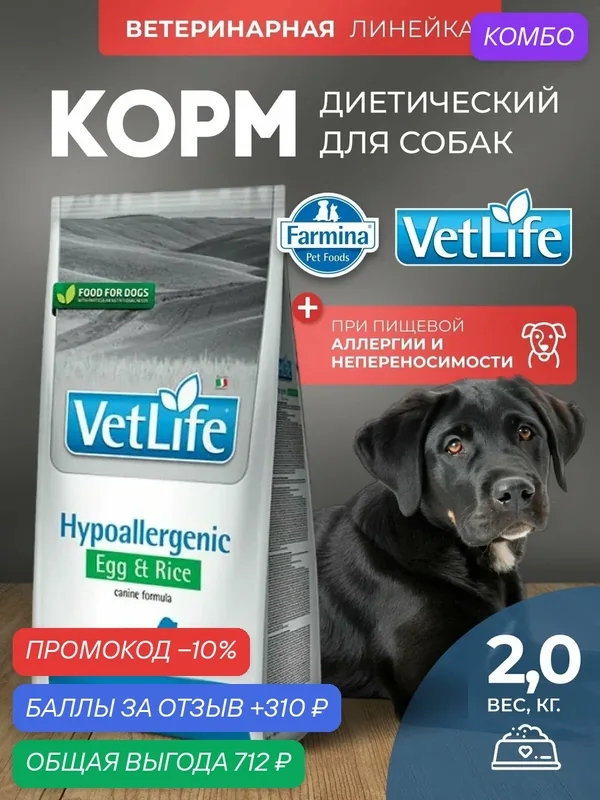 Cухой корм для собак Farmina Vet Life гипо яйцо С рисом 2 кг, гипоаллергенный, при пищевой аллергии — Farmina, промокод и 310 баллов за отзыв Яндекс Маркет