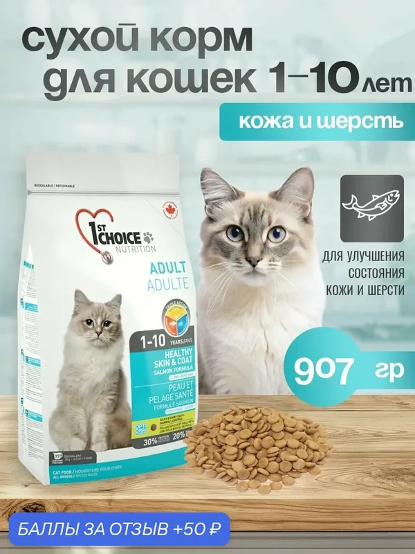 1st CHOICE сухой корм для кошек Healthy Skin&Coat здоровая кожа и шерсть с лососем — 1st Choice, 50 баллов за отзыв Яндекс Маркет