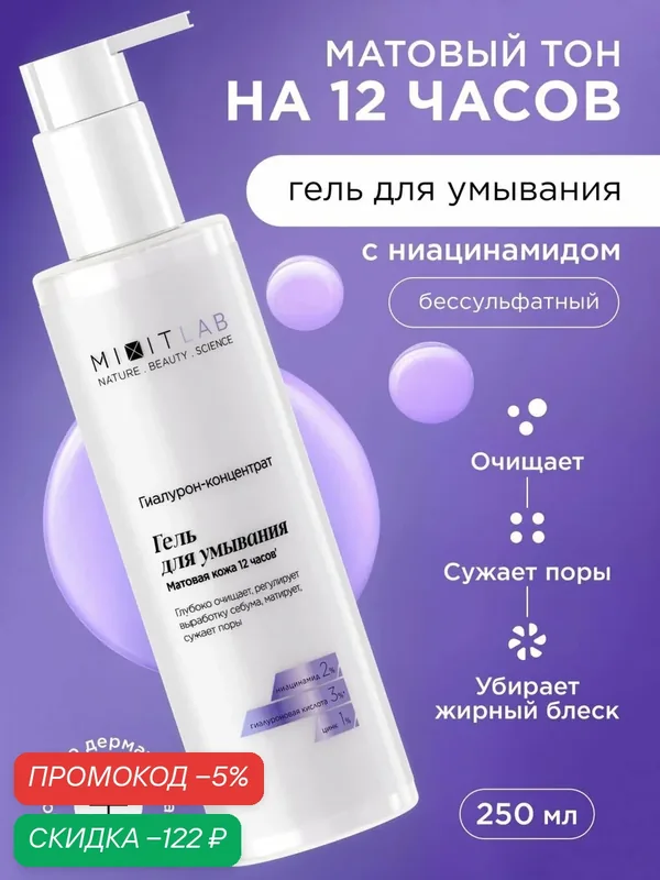 MIXIT LAB Гель для умывания лица с ниацинамидом, 250 мл миксит — скидка по промокоду Яндекс Маркет