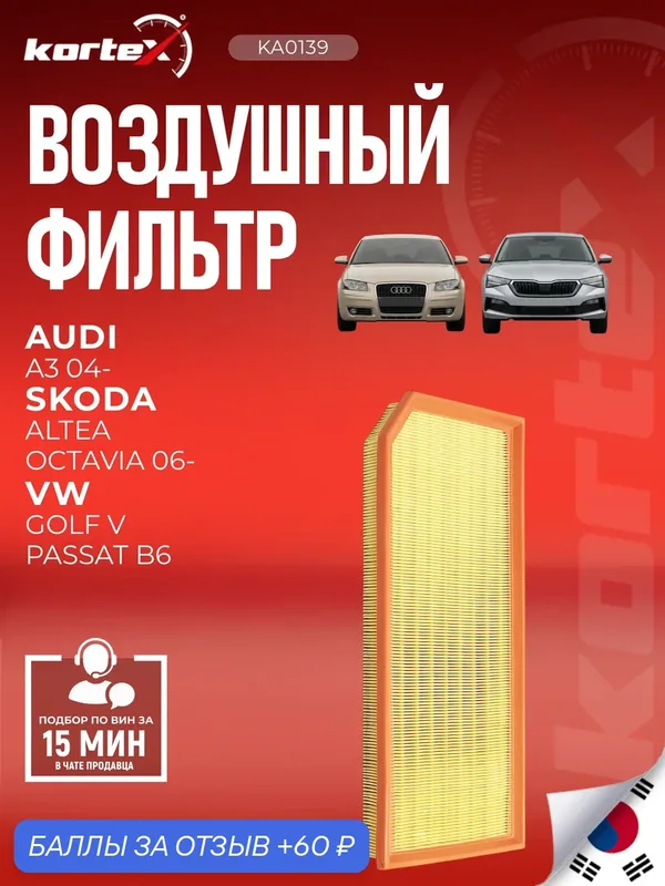 Фильтр воздушный для AUDI A3 04> / SKODA ALTEA / OCTAVIA 06> / VOLKSWAGEN GOLF V / PASSATB6 2.0TFSI — KORTEX, 60 баллов за отзыв Яндекс Маркет