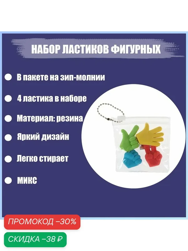Набор фигурных ластиков "Жесты", 4 штуки, в пакете на зип-молнии, микс (штрихкод на штуке) — Calligrata, скидка по промокоду Яндекс Маркет