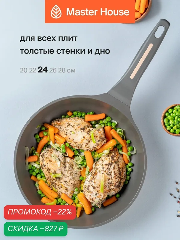 Сковорода из литого алюминия с антипригарным покрытием Шеф Бенито 24см — Master House, скидка по промокоду Яндекс Маркет