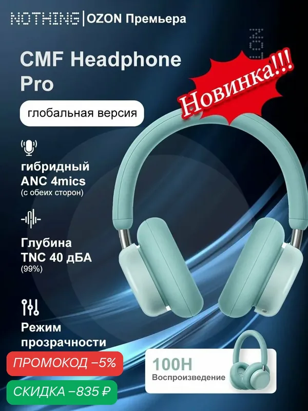 Nothing Наушники беспроводные с микрофоном CMF Headphone Pro, Bluetooth, 3.5 мм, светло-зеленый — NOTHING, скидка по промокоду Яндекс Маркет