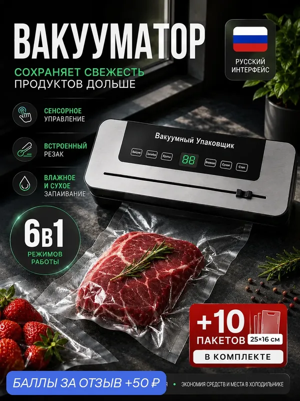 Вакууматор для продуктов с запайкой пакетов и резаком мощный — 50 баллов за отзыв Яндекс Маркет