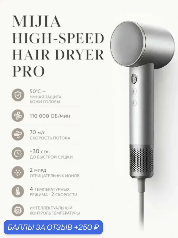Высокоскоростной фен для волос Xiaomi Mijia Hair Dryer Pro, 110 000 об/мин, 70 м/с, ионизация, 50°С — 250 баллов за отзыв Яндекс Маркет