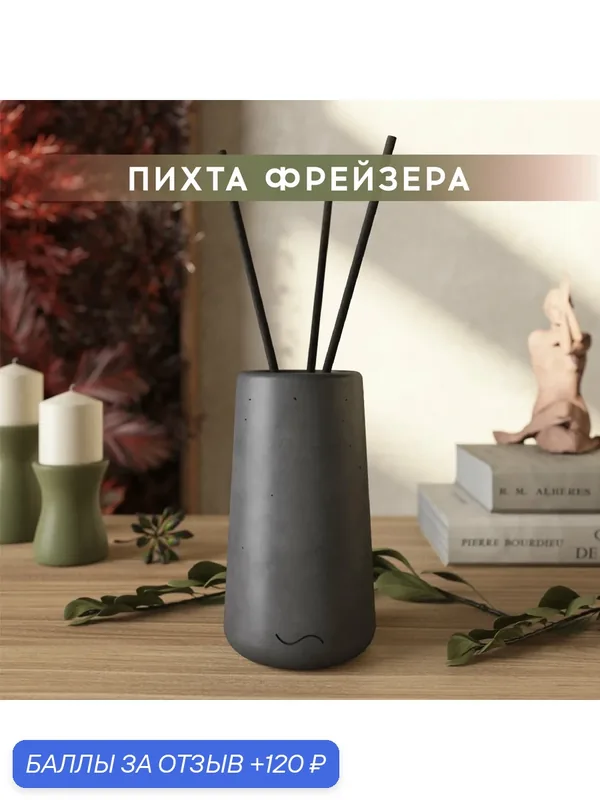 Ароматический диффузор, Пихта Фрейзера, 100мл, в бетонной вазе Astrid, графитовый матовый — MUSKO, 120 баллов за отзыв Яндекс Маркет