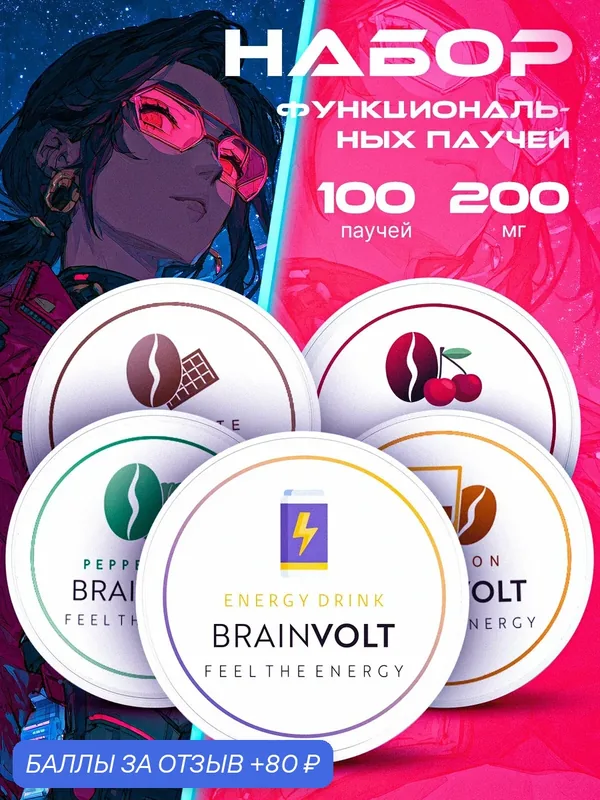 Кофеиновые паучи энергетик без сахара 5 вкусов 5 упаковок по 20 паучей — Brainvolt, 80 баллов за отзыв Яндекс Маркет