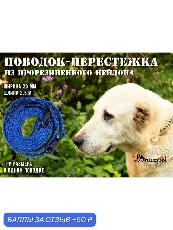 Поводок-перестежка из прорезиненной стропы синий 3, 5 м — 50 баллов за отзыв Яндекс Маркет