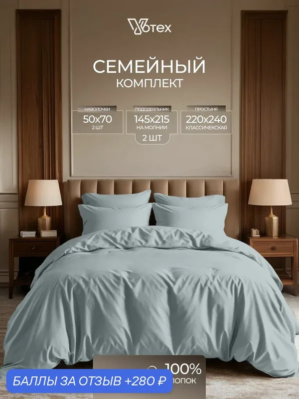 Постельное белье семейное, пододеяльник с молнией, сатин гладкий, 100% хлопок, Votex — Votex, 280 баллов за отзыв Яндекс Маркет