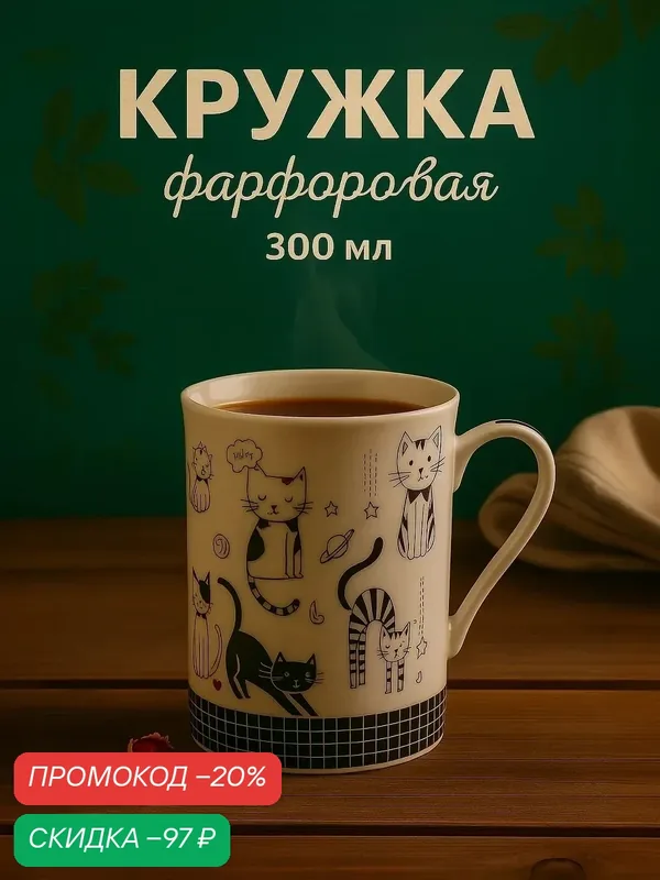Кружка для чая и кофе Доляна "Кошачьи будни", 300 мл, фарфор, белая — Доляна, скидка по промокоду Яндекс Маркет