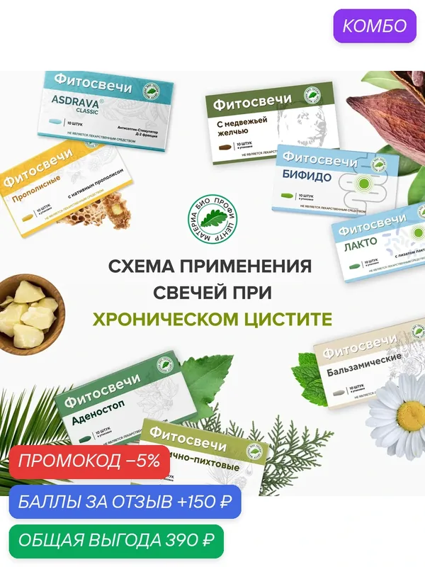 Набор свечей "При хроническом цистите", 8 уп. курс. (свечи Бальзамические, Прополисные, с медвежьей желчью и т. д.) — Материа Био Профи Центр, промокод и 150 баллов за отзыв Яндекс Маркет