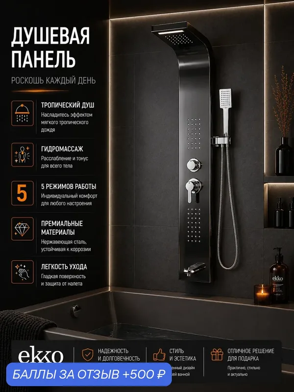 Душевая панель с функцией гидромассажа EKKO PURE SMART+, цвет черный, Душевая система, душевая стойка с тропическим душем — ekko, скидка по промокоду Яндекс Маркет