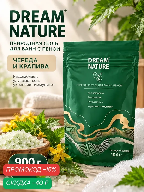 Ароматизированная соль с пеной для ванн, череда и крапива, 900 г — Dream Nature, скидка по промокоду Яндекс Маркет