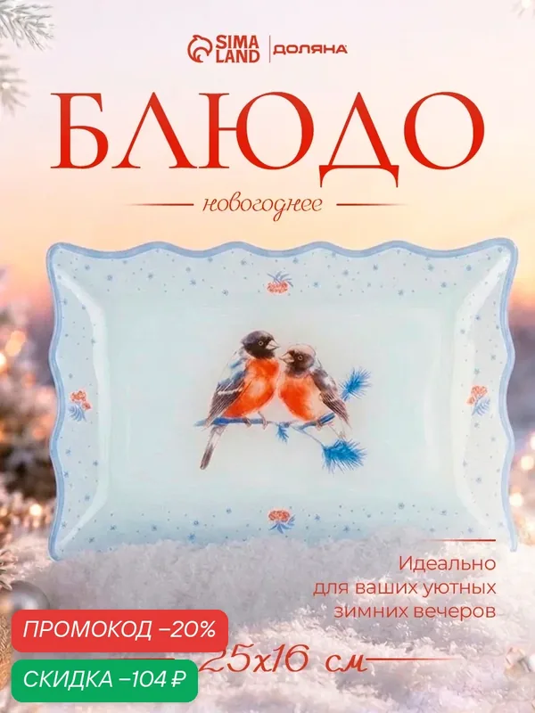 Блюдо сервировочное Доляна «Снегири на ветке», 25×16 см, стекло, белое, голубое — Доляна, скидка по промокоду Яндекс Маркет