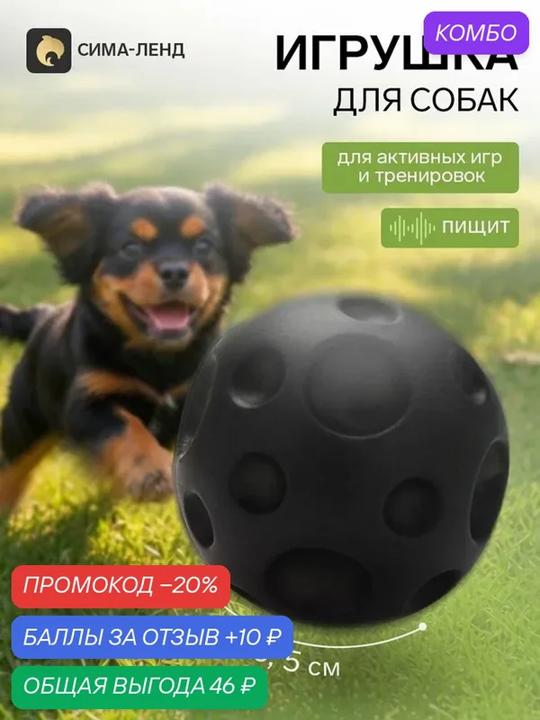 Игрушка для собак Пушистое Счастье "Мячик планета", 6, 5см, с пищалкой, черная — Пушистое счастье, промокод и 10 баллов за отзыв Яндекс Маркет