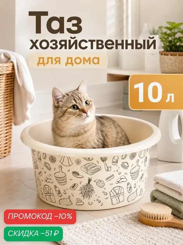 Таз хозяйственный «Русская банька», круглый, пластик, 10 л, бежевый — Альтернатива, скидка по промокоду Яндекс Маркет