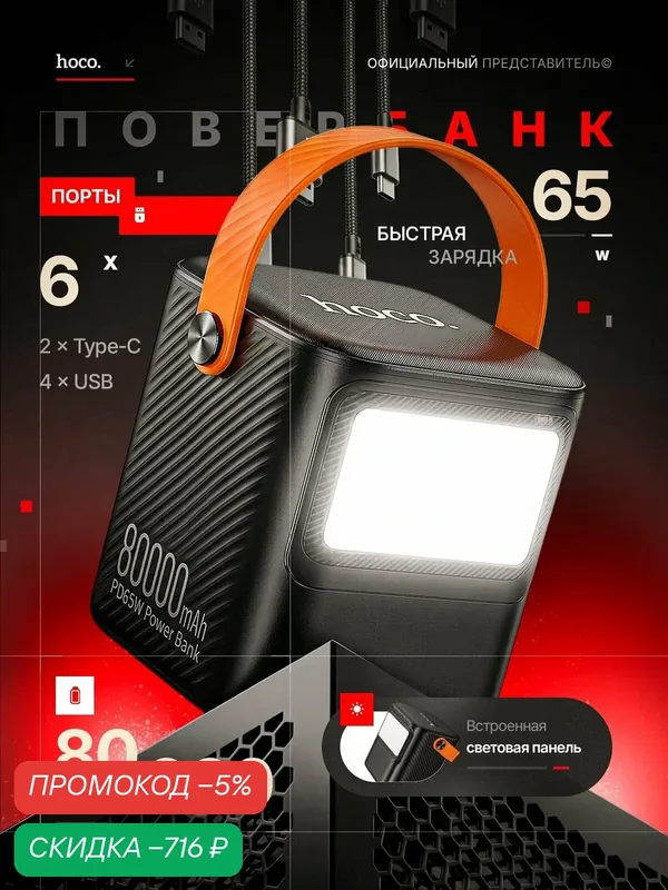 Внешний аккумулятор HOCO J152 Pro 80000 mAh, повербанк 65W PD, для ноутбука, 2 USB-C + 4 USB-A — скидка по промокоду Яндекс Маркет