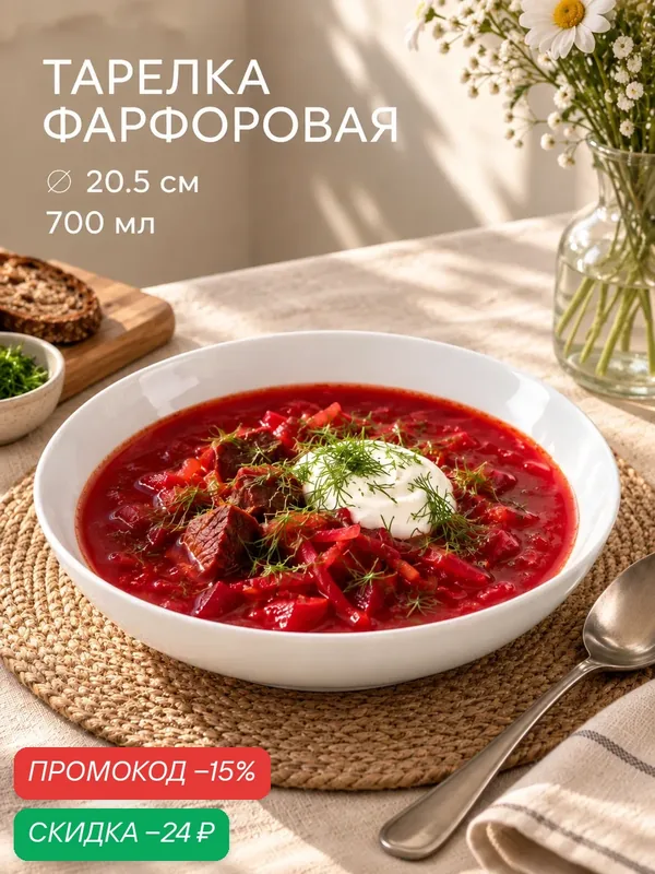 Тарелка глубокая суповая «Универсал», фарфоровая, для супа, белая, 700 мл, диаметр 20.5 см — Добрушский фарфоровый завод, скидка по промокоду Яндекс Маркет