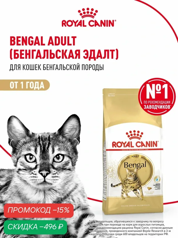 Сухой корм для кошек Royal Canin Adult для бенгальской породы, 2 кг — Royal Canin, скидка по промокоду Яндекс Маркет