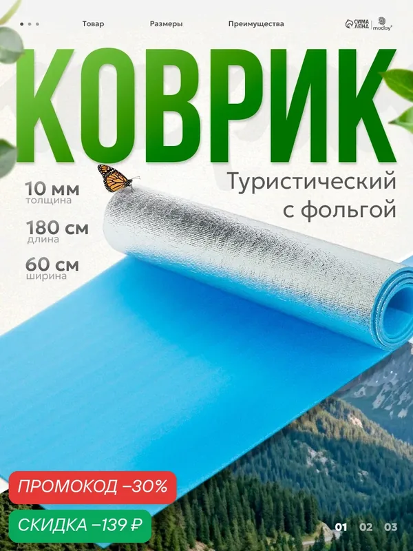 Коврик туристический maclay, с фольгой, 180х60х1 см, цвет голубой — Maclay, скидка по промокоду Яндекс Маркет