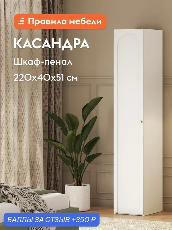 Распашной шкаф-пенал Касандра с полками, со штангой, 40х51х220 см, Белый / Золото — Правила мебели, 350 баллов за отзыв Яндекс Маркет
