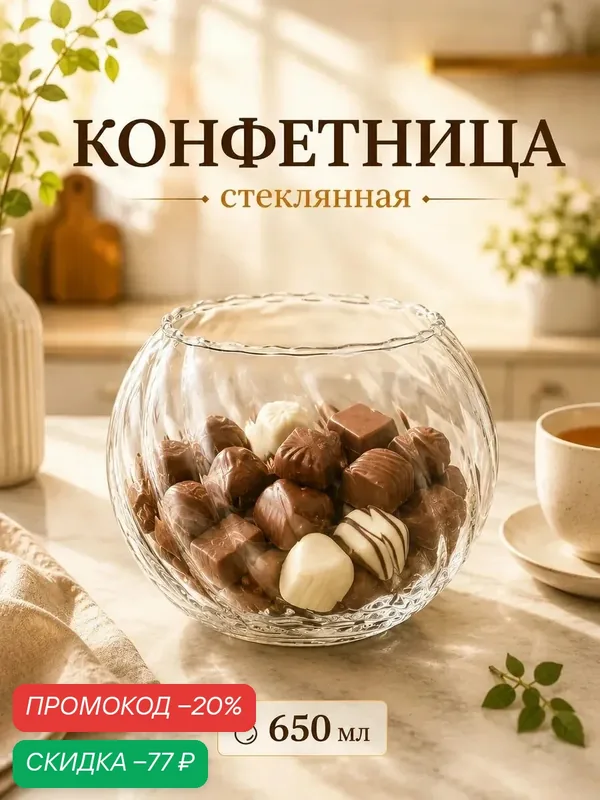 Конфетница Доляна «Диана», 12×9.5 см, стекло, цвет прозрачный — Доляна, скидка по промокоду Яндекс Маркет