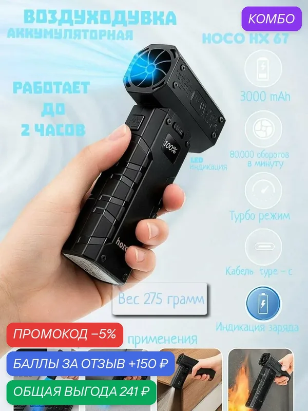 Портативный вентилятор Hoco HX67, 60Вт, 3000mAh, LED дисплей — hoco., промокод и 150 баллов за отзыв Яндекс Маркет