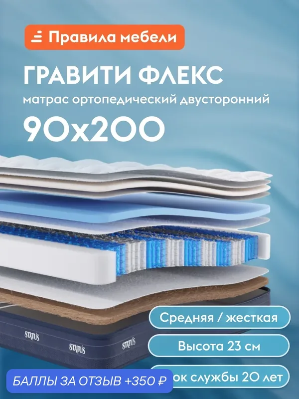Матрас Гравити флекс 90х200 см, ортопедический, независимые пружины, двусторнний, жесткий, средний, Белый — Правила мебели, 350 баллов за отзыв Яндекс Маркет