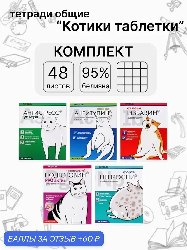 Тетрадь общая 48 листов, в клетку, комплект 5 штук "Котики Таблетки" — ArtFox, 60 баллов за отзыв Яндекс Маркет