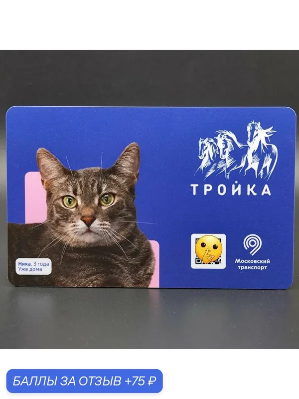 Коллекционная транспортная карта Тройка - Проект "Хвосты и лапки". Кошка Ника — ТРОЙКА, 75 баллов за отзыв Яндекс Маркет
