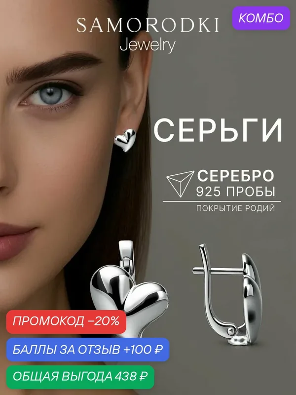 Серьги, серебро, 925 проба, родирование — SamoroDki Jewelry, промокод и 100 баллов за отзыв Яндекс Маркет