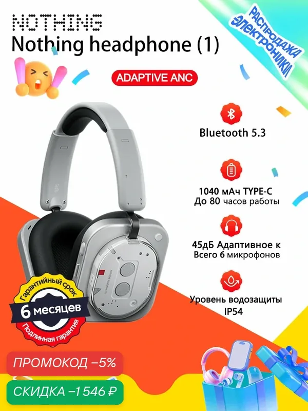 Наушники Nothing headphone (1), 1040 MAH, 42dB ANC, BT5.3, IP52 Белый — NOTHING, скидка по промокоду Яндекс Маркет