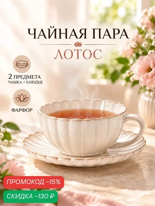 Чайная пара «Лотос», 2 предмета: блюдце 15×2 см, чашка 14×11×6 см, фарфор, молочная — Сима-ленд, скидка по промокоду Яндекс Маркет